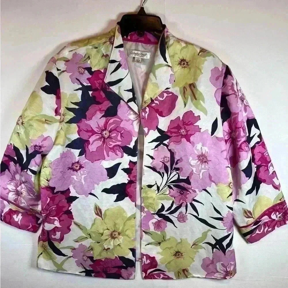 Coldwater Creek Floral blazer jacket size L linen silk blend lined 3/4 sleeve